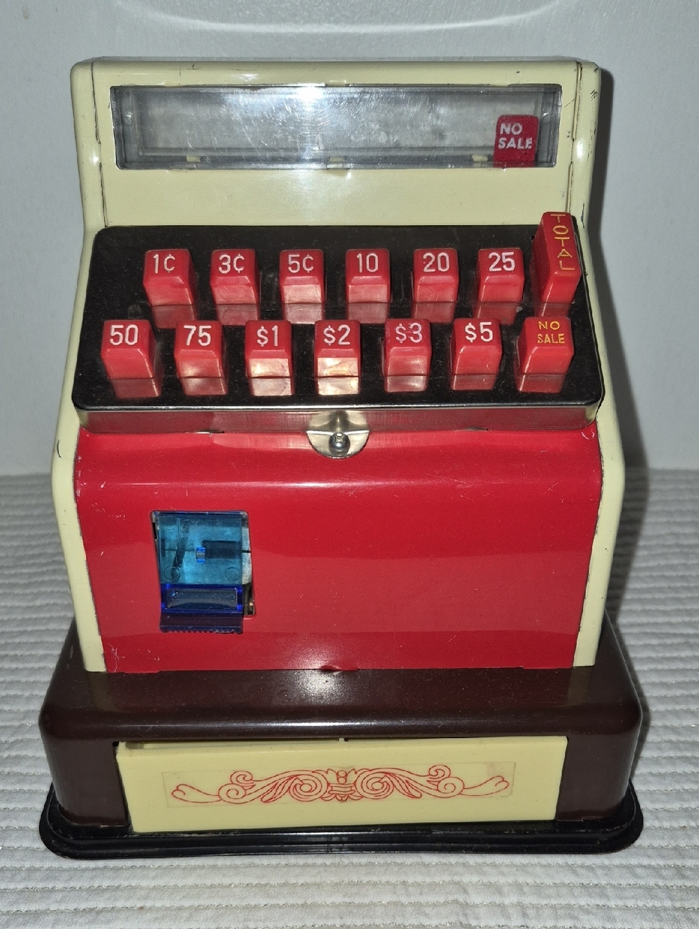 Vintage Toy Cash Register in Cream & Red